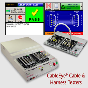 Cable Tester and Harness Tester for Pass/Fail check or diagnostics of continuity (opens, shorts, miswires), intermittent connections, contact and isolation resistance, embedded resistors and diodes.